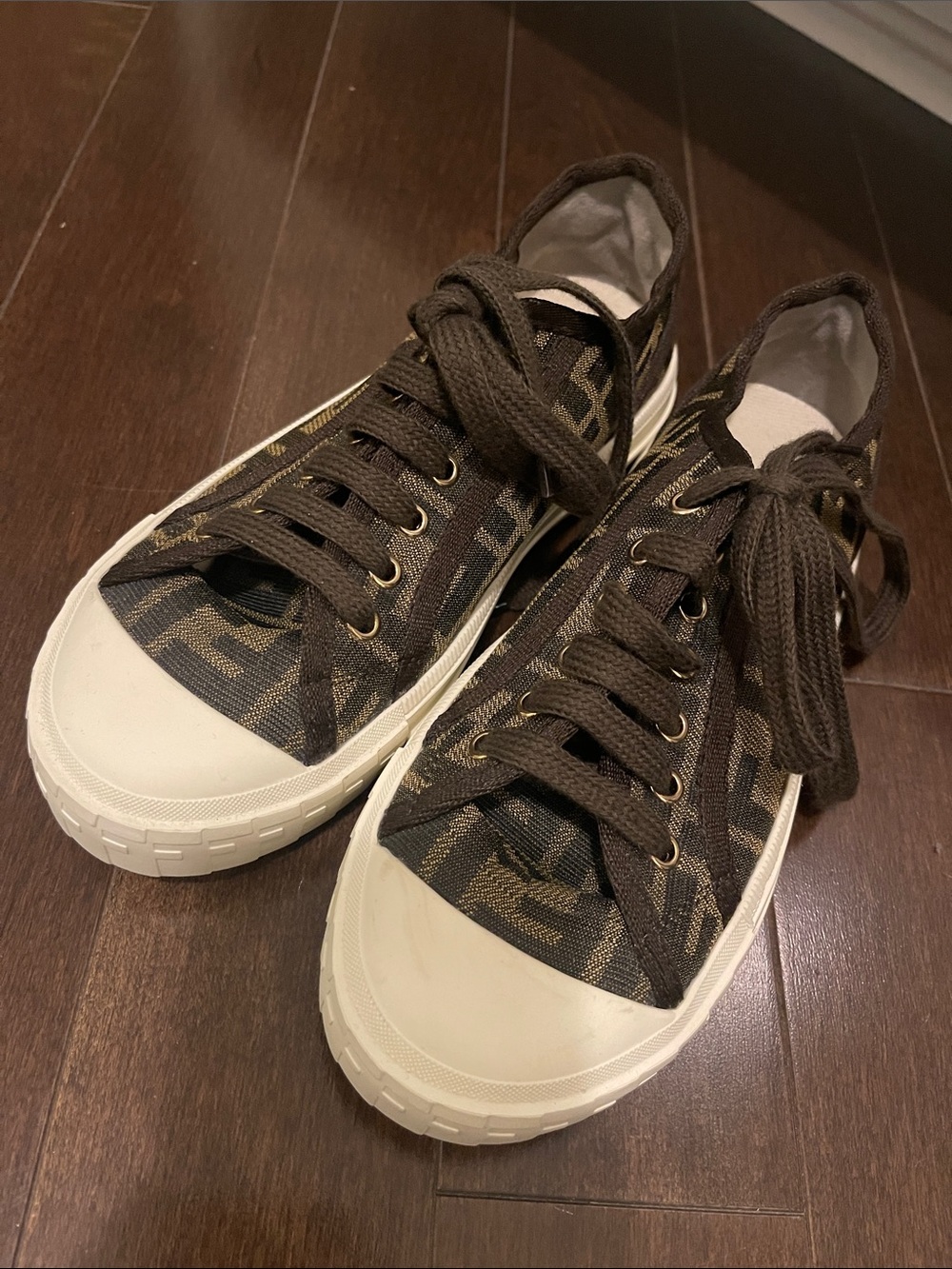 Designer Low-Top Canvas Sneakers in Dark Brown and Cream